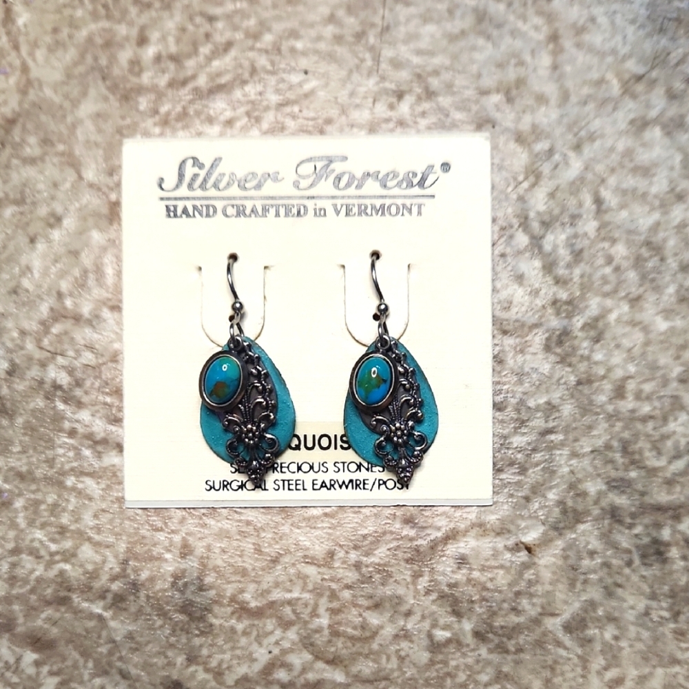 Silver Forest Blue Teardrop Earrings with Patina Finish